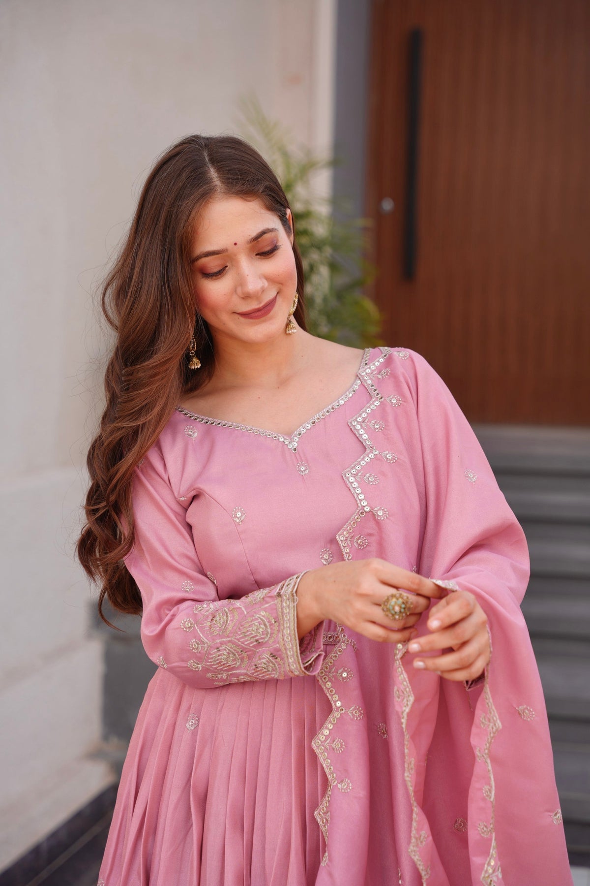 Lorenvalley Fashion Pink Shimmer Silk with Embroidery Sequins Work Anarkali Gown with Dupatta | Grocsy