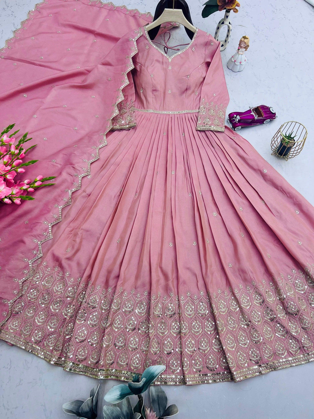 Lorenvalley Fashion Pink Shimmer Silk with Embroidery Sequins Work Anarkali Gown with Dupatta | Grocsy