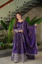 Lorenvalley Fashion Purple Shimmer Silk with Embroidery Sequins Work Anarkali Gown with Dupatta | Grocsy