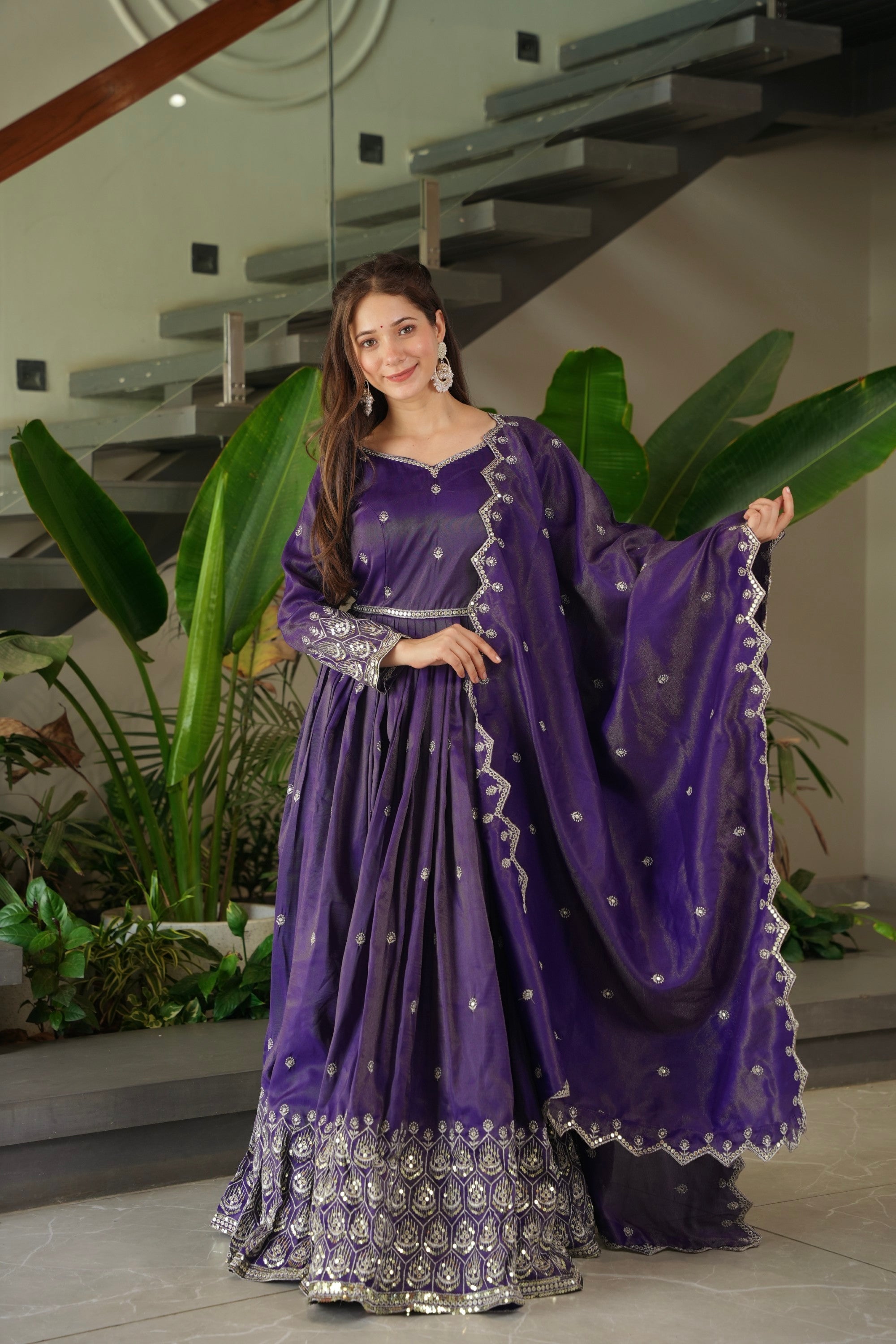 Lorenvalley Fashion Purple Shimmer Silk with Embroidery Sequins Work Anarkali Gown with Dupatta | Grocsy