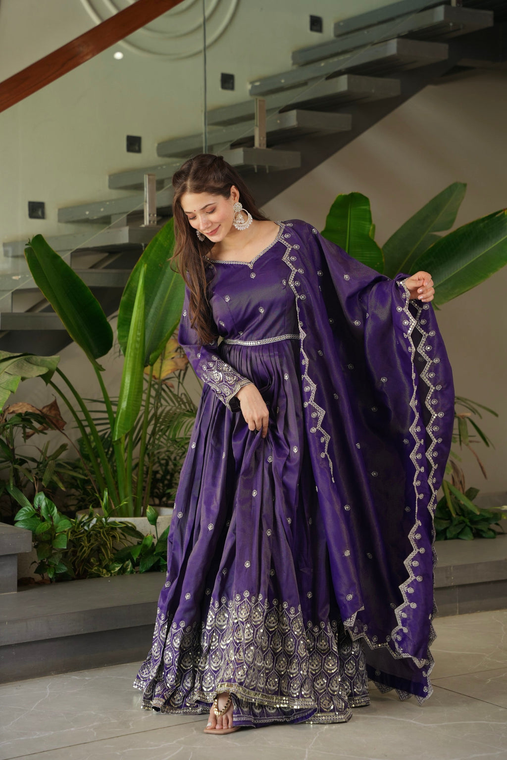 Lorenvalley Fashion Purple Shimmer Silk with Embroidery Sequins Work Anarkali Gown with Dupatta | Grocsy