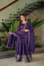 Lorenvalley Fashion Purple Shimmer Silk with Embroidery Sequins Work Anarkali Gown with Dupatta | Grocsy
