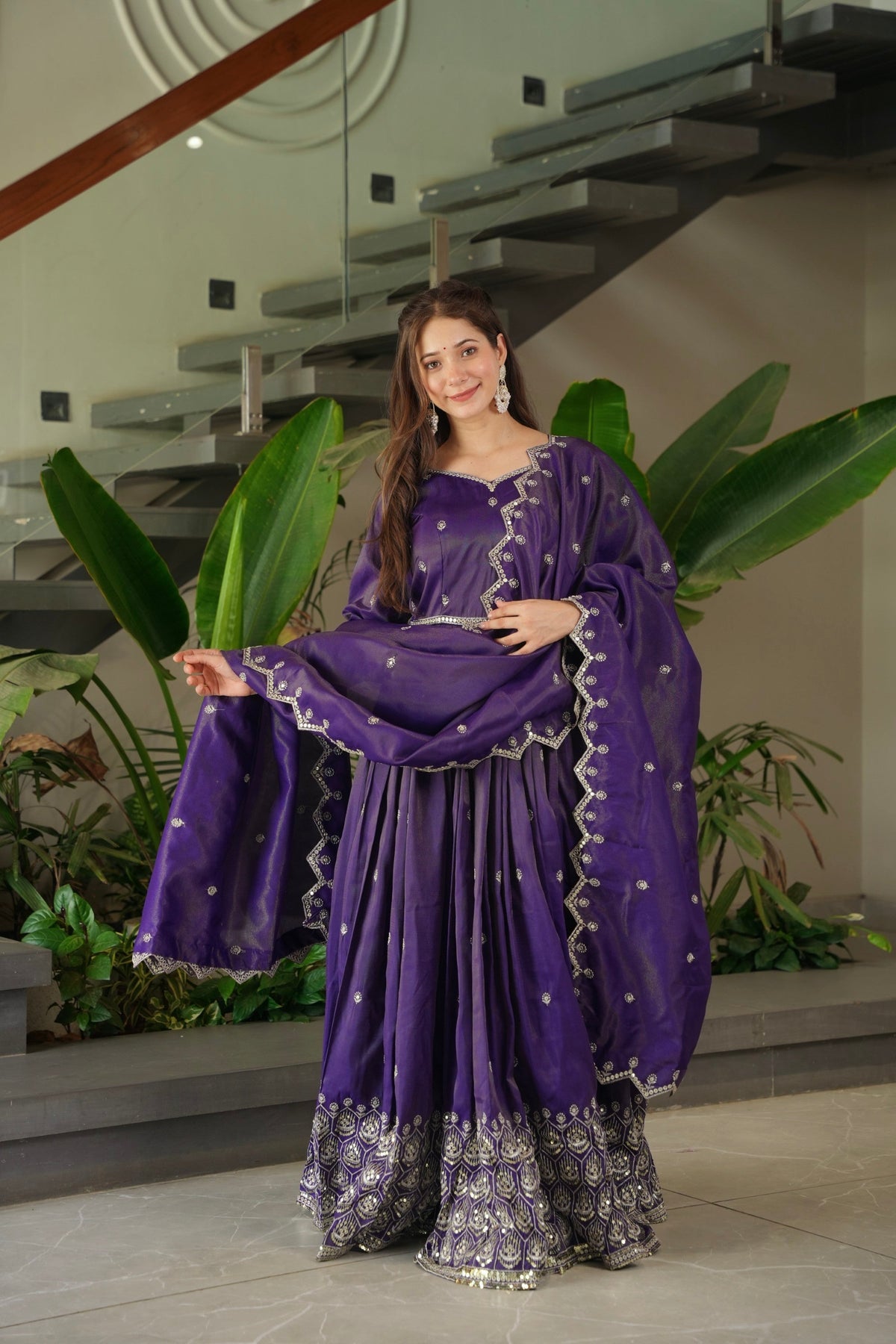 Lorenvalley Fashion Purple Shimmer Silk with Embroidery Sequins Work Anarkali Gown with Dupatta | Grocsy