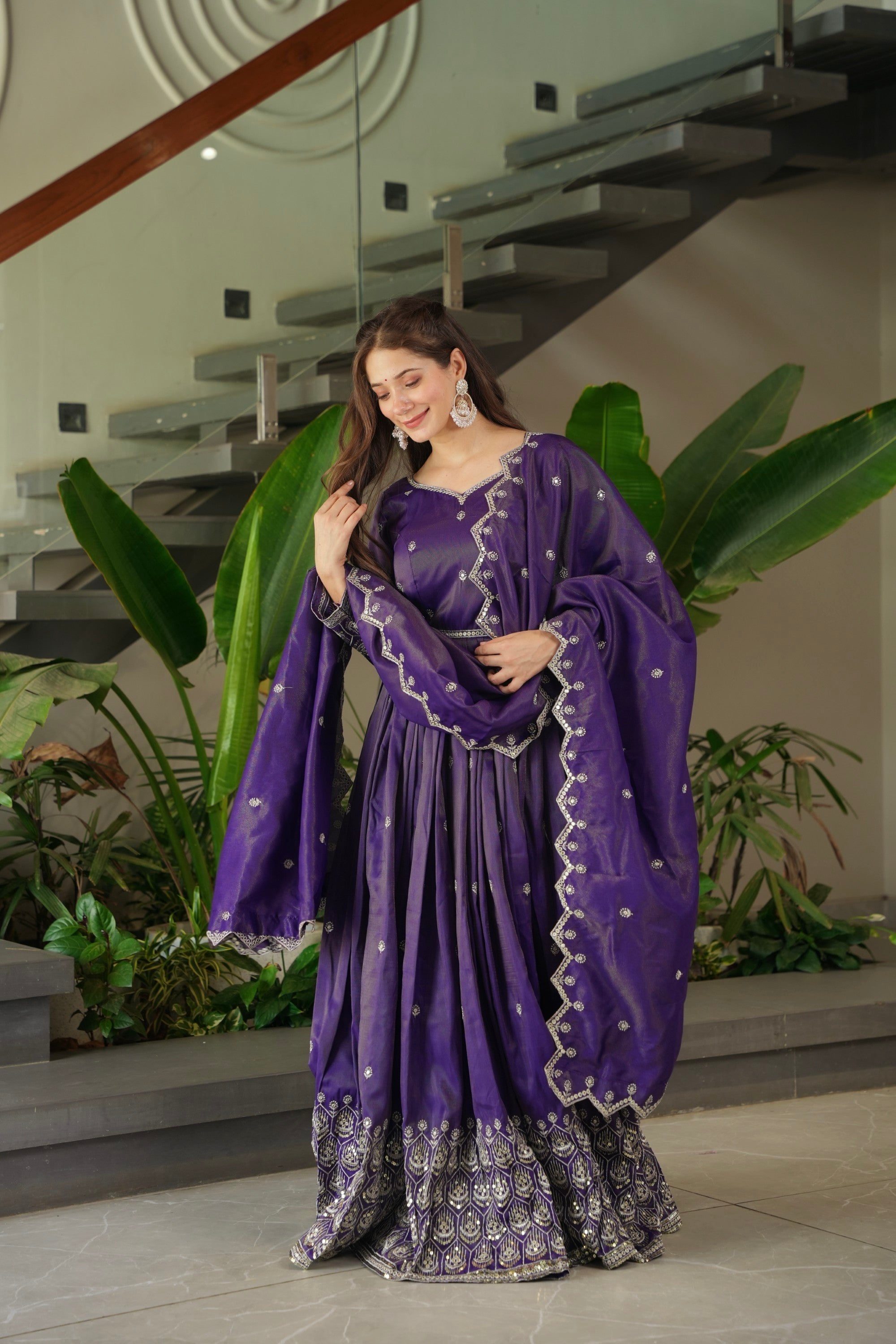 Lorenvalley Fashion Purple Shimmer Silk with Embroidery Sequins Work Anarkali Gown with Dupatta | Grocsy