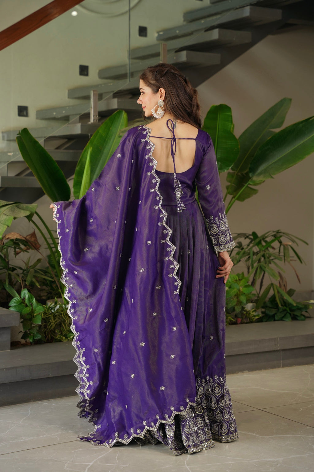 Lorenvalley Fashion Purple Shimmer Silk with Embroidery Sequins Work Anarkali Gown with Dupatta | Grocsy