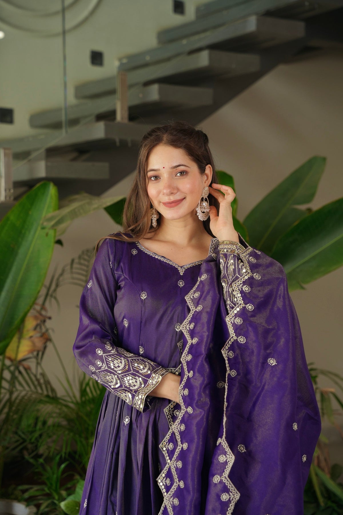 Lorenvalley Fashion Purple Shimmer Silk with Embroidery Sequins Work Anarkali Gown with Dupatta | Grocsy