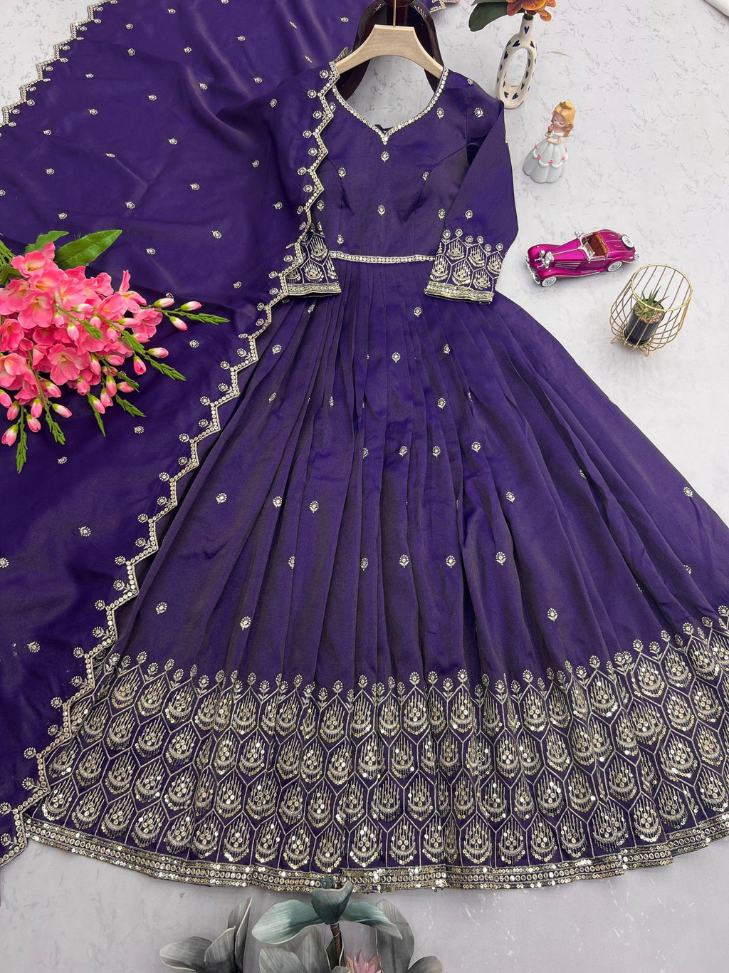 Lorenvalley Fashion Purple Shimmer Silk with Embroidery Sequins Work Anarkali Gown with Dupatta | Grocsy