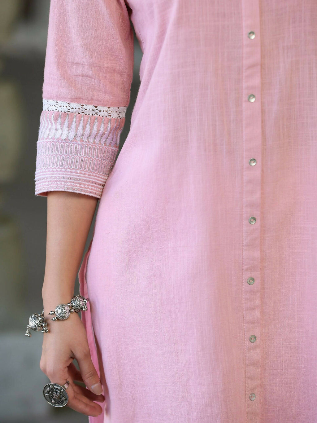 Juniper Women's Pink Cotton Slub Embroidered Straight Kurta | Grocsy