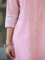 Juniper Women's Pink Cotton Slub Embroidered Straight Kurta | Grocsy