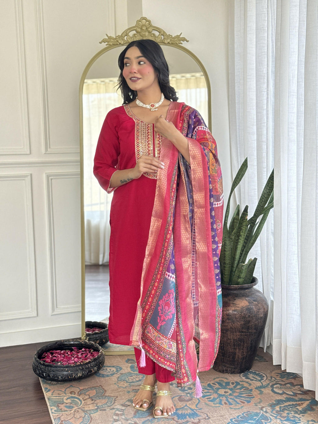 The52 Rani Gorgeous Embroidered Chanderi Silk Fabric Straight Kurta Pant with Dupatta Set | Grocsy