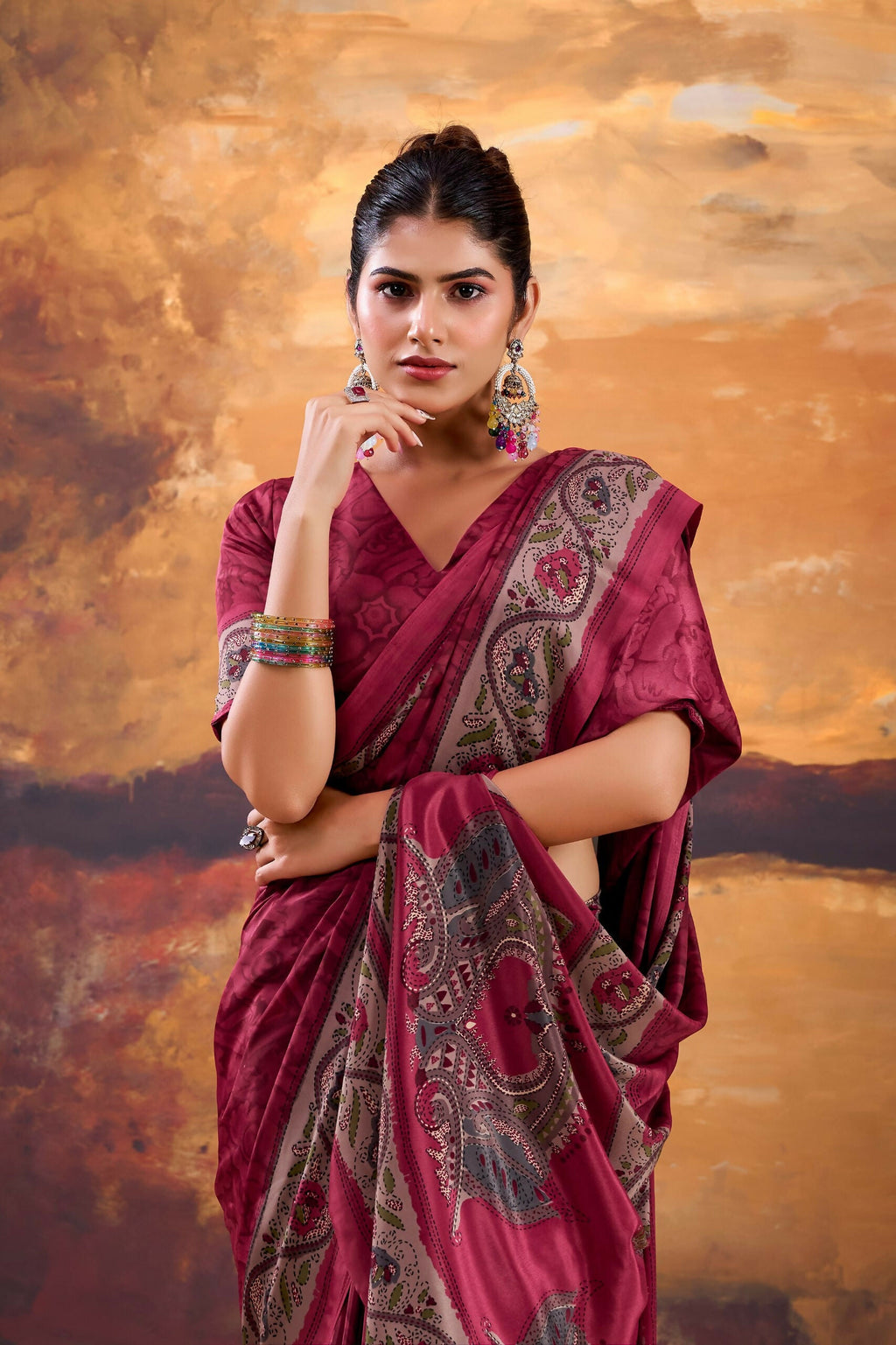 Vastranavya Pink Crepe Printed Saree with Unstitched Blouse | Grocsy