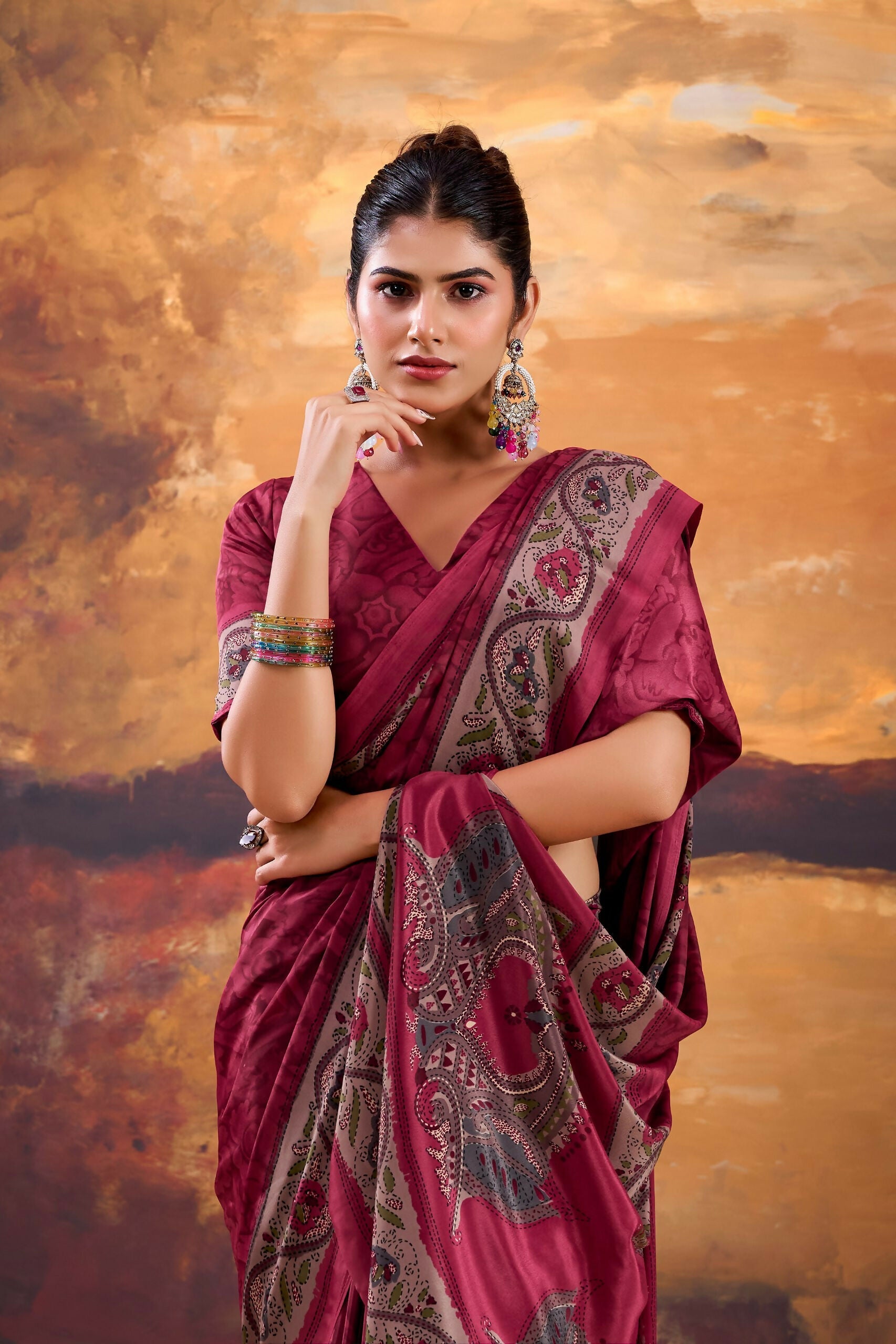 Vastranavya Pink Crepe Printed Saree with Unstitched Blouse | Grocsy