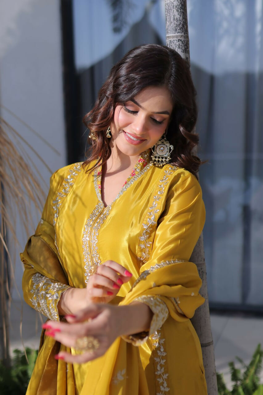 Teeya Creation Womens New Yellow Silk With Rich Zari Coding Embroidered Work Kurta Pant Set | Grocsy