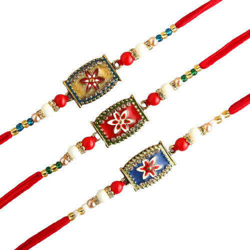 Set of 3 Meenakari Rakhi With Dry Fruits & Gulab Jamun | Grocsy
