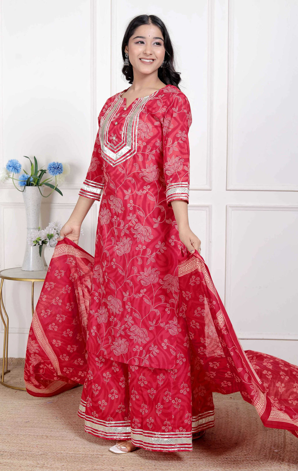 Miravan Red Floral Print Embroidered Cotton Straight Kurta with Palazzo & Dupatta | Grocsy