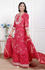 Miravan Red Floral Print Embroidered Cotton Straight Kurta with Palazzo & Dupatta | Grocsy