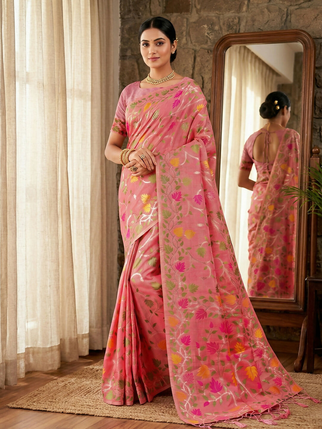 Shree Shyam Fashion Pink Linen Cotton Saree | Grocsy