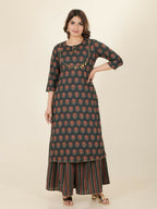 Aramya Straight Soft Cotton Ajrakh Print Women's Kurta Set - Green | Grocsy