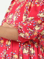 Manet Three Fourth Maternity Dress Floral Print With Concealed Zipper Nursing Access - Red | Grocsy