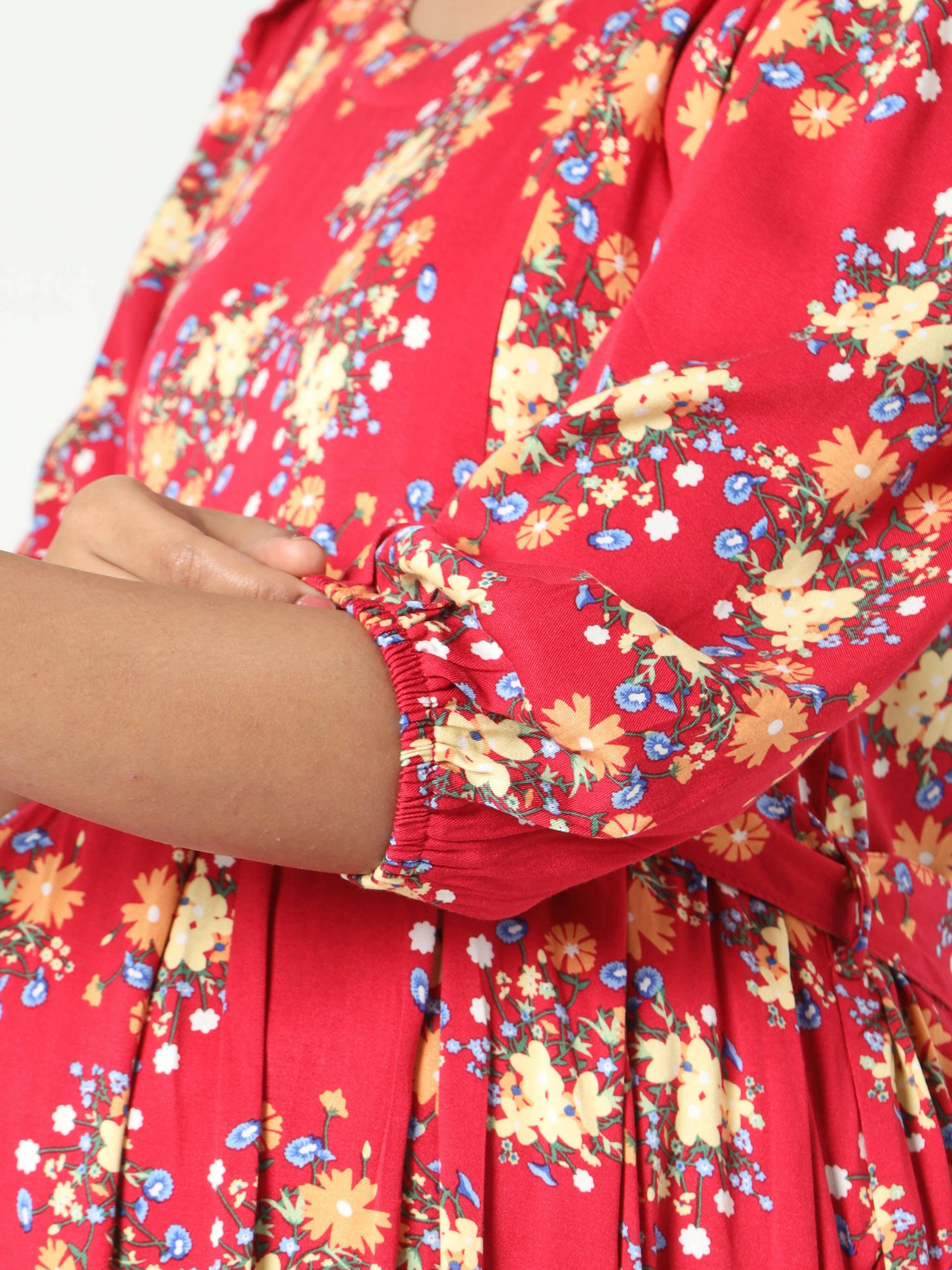 Manet Three Fourth Maternity Dress Floral Print With Concealed Zipper Nursing Access - Red | Grocsy