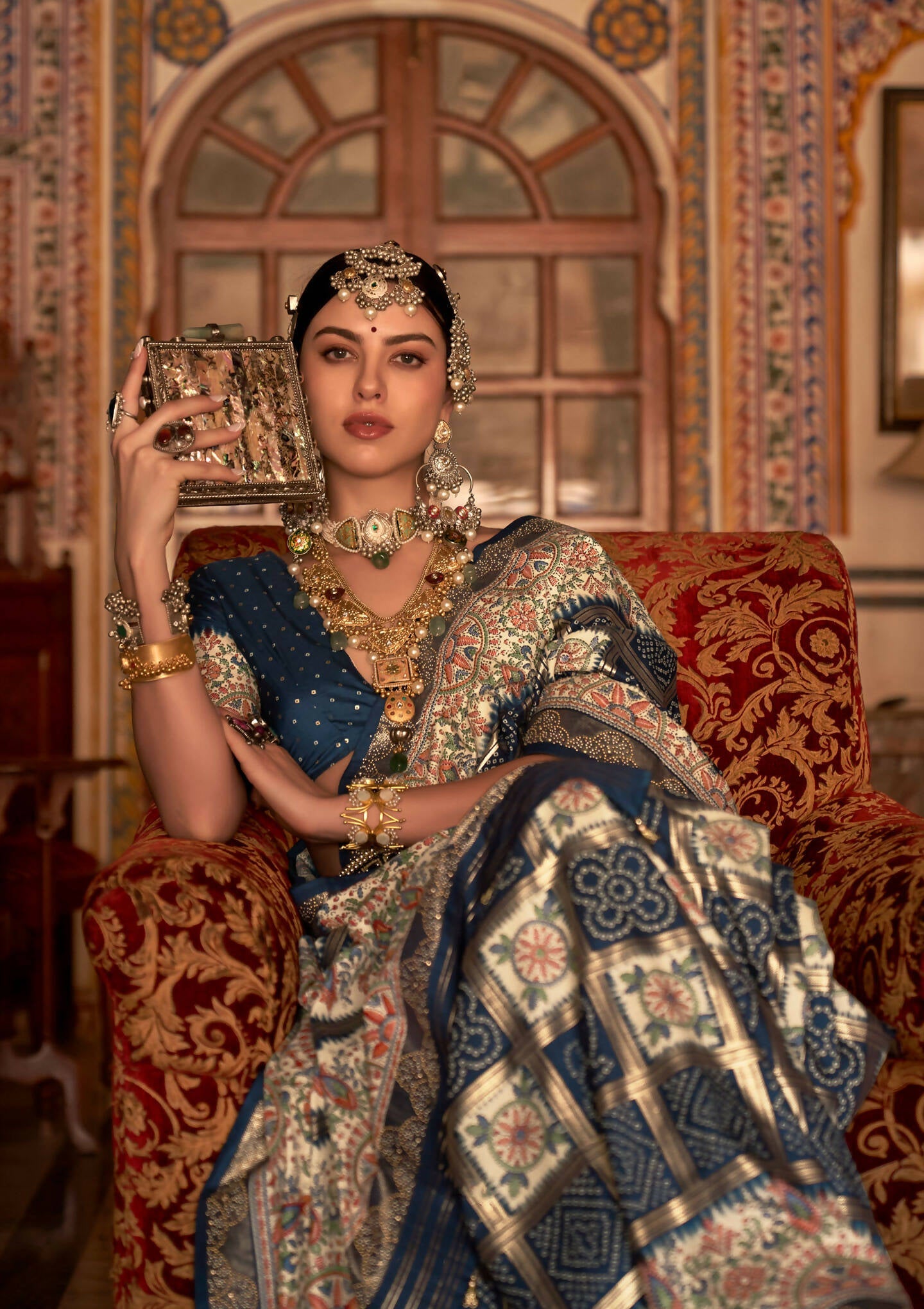 Navy Blue P V Silk Digital Print, Zari Work Printed Saree - Rewaa Parampara | Grocsy