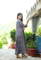 Yufta Women Blue Floral Yoke Design Regular Aari Work Pure Cotton Kurta with Trouser & With Dupatta | Grocsy