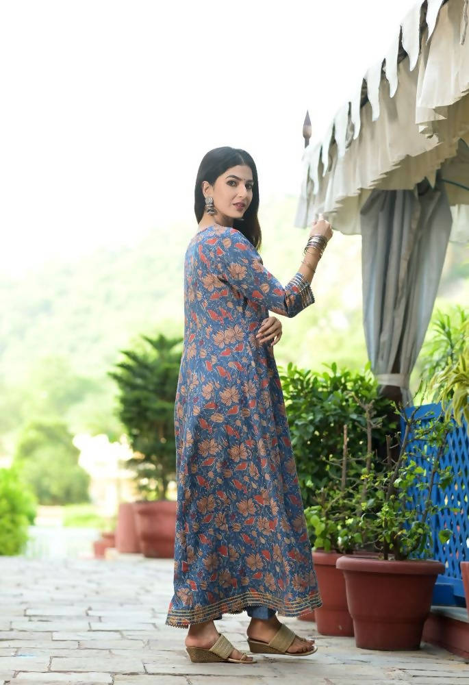 Yufta Women Blue Floral Yoke Design Regular Aari Work Pure Cotton Kurta with Trouser & With Dupatta | Grocsy