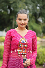Vastranavya Pink Navratri Special Kutchi Patch Work with Leheriya Printed Kurti | Grocsy