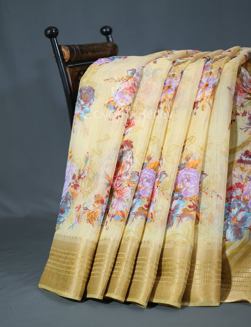 Shades of Light Khaki With Floral Print Semi Chanderi Saree By Gayathri Reddy Designer Studio | Grocsy