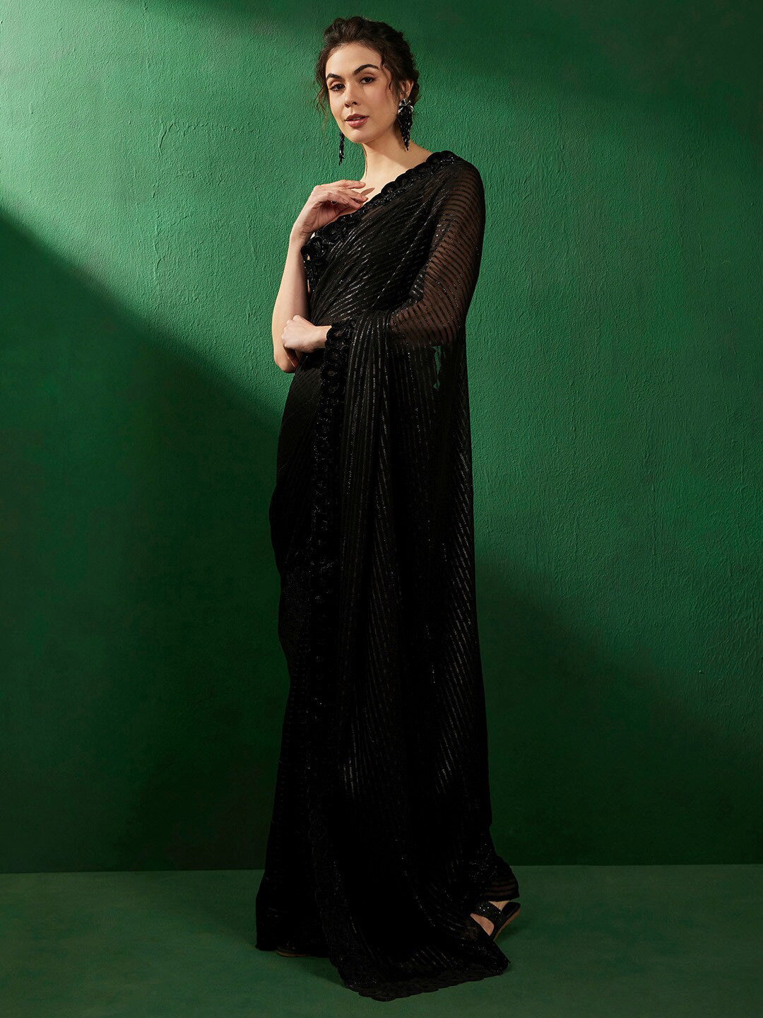 Sangria Striped Embellished Beads and Stones Pure Chiffon Sarees | Grocsy