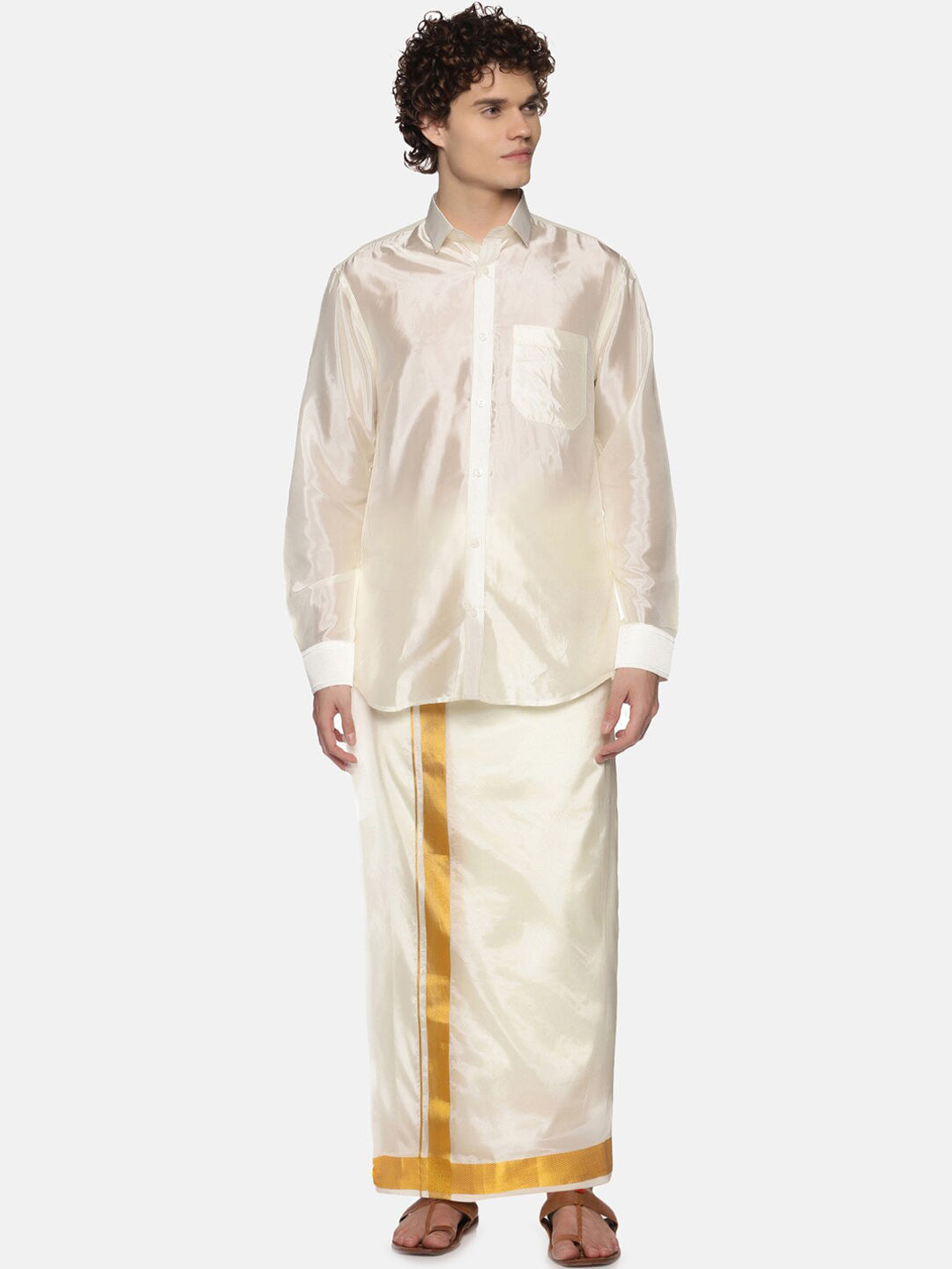 Sethukrishna Men Cream-Colored & Golden Solid Veshti | Grocsy