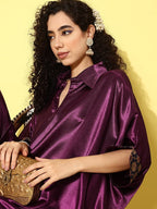 InWeave Women's Wine Navy Brocade Satin Boho Kurta Palazzo Set | Grocsy