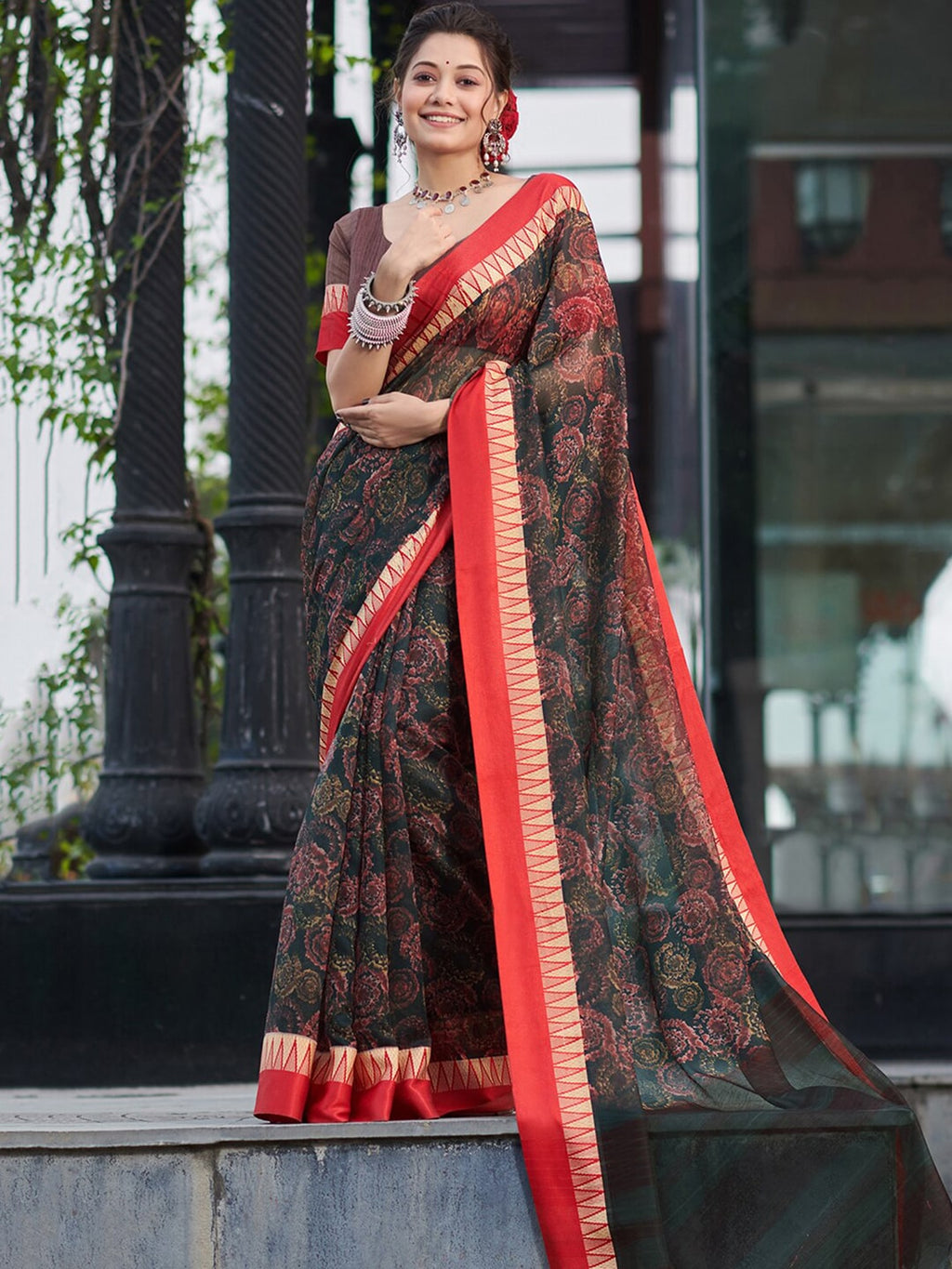 Saree Mall Floral Printed Linen Blend Block Print Sarees | Grocsy