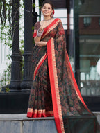 Saree Mall Floral Printed Linen Blend Block Print Sarees | Grocsy