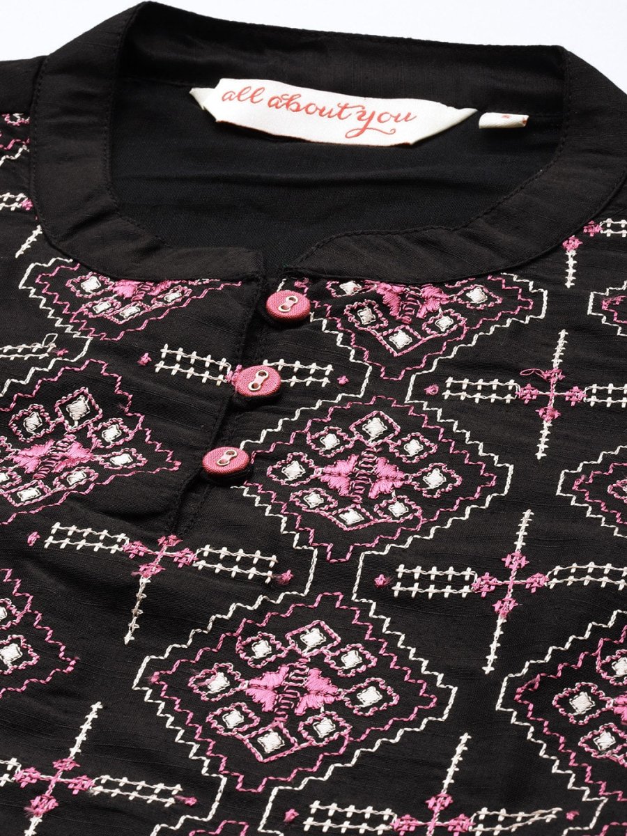 All About You Women Black Embroidered Kurta with Trousers | Grocsy