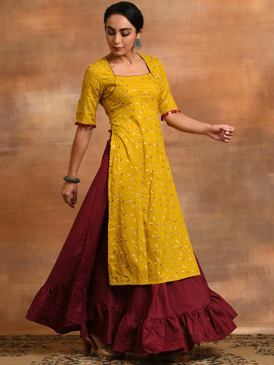 Aks Ethnic Motifs Printed Square Neck Kurta with Skirt | Grocsy