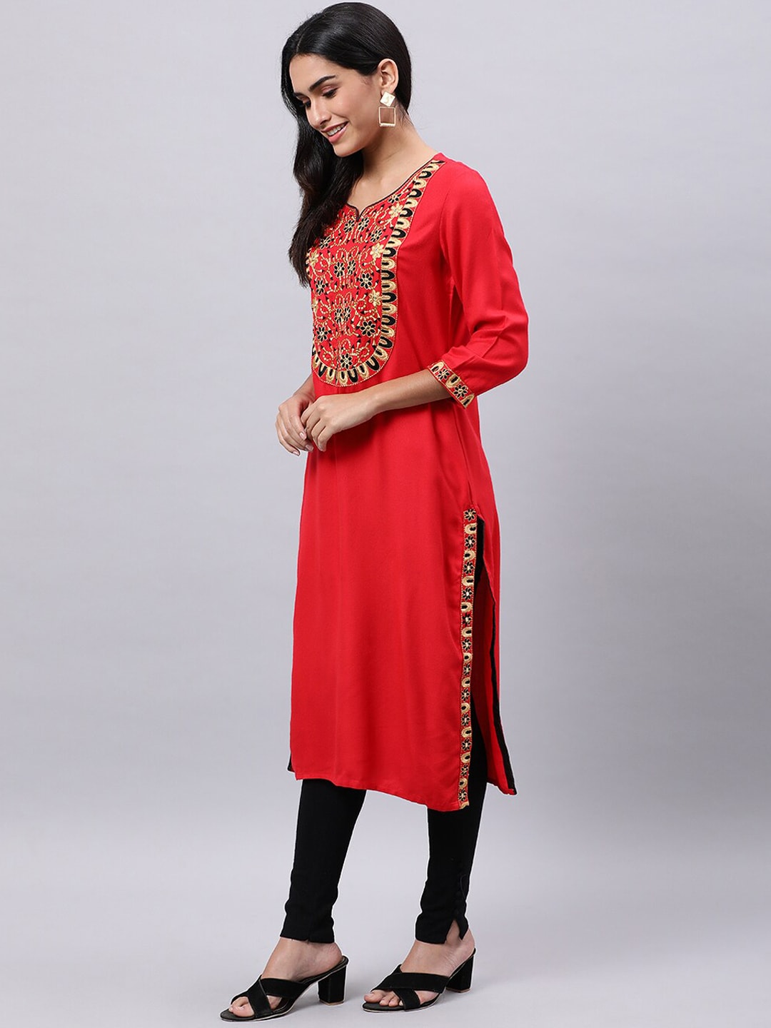 Souchii Red Yoke Design Mirror Work Grandeur & Majestic Artwork Kurta | Grocsy