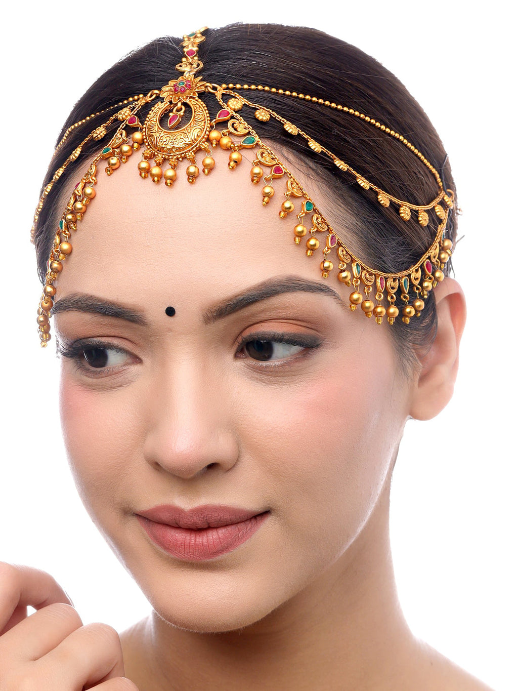 Yellow Chimes Gold-Polished Red & Green Stone-Studded Layered Bridal Maatha Patti | Grocsy