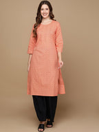 HERE&NOW Peach-Color & Red Chevron Printed Beads Pure Cotton Kurta | Grocsy