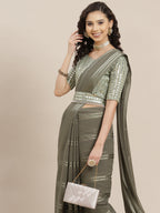 Saree Mall Taupe Striped Leheriya Saree With Belt | Grocsy
