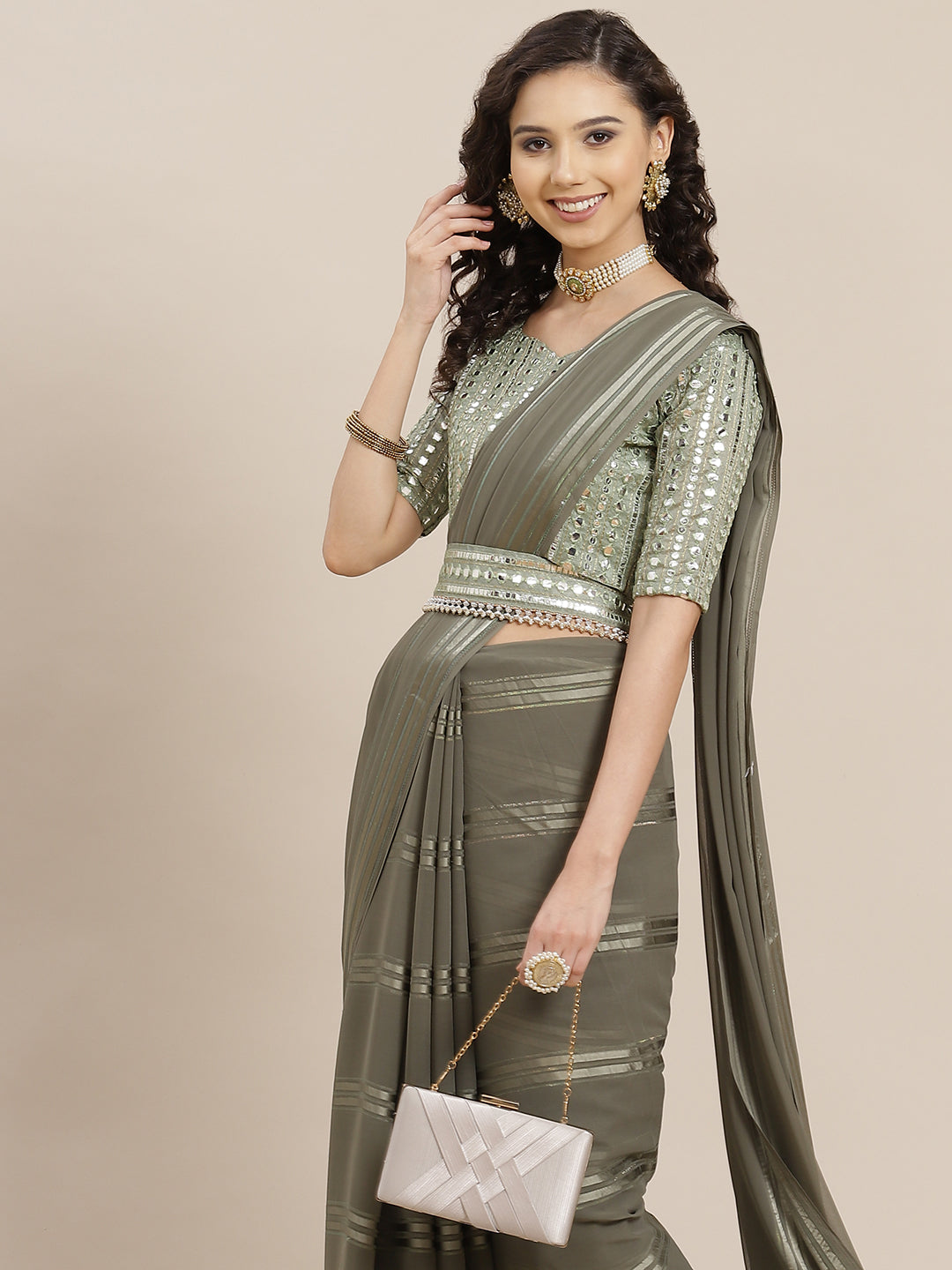 Saree Mall Taupe Striped Leheriya Saree With Belt | Grocsy