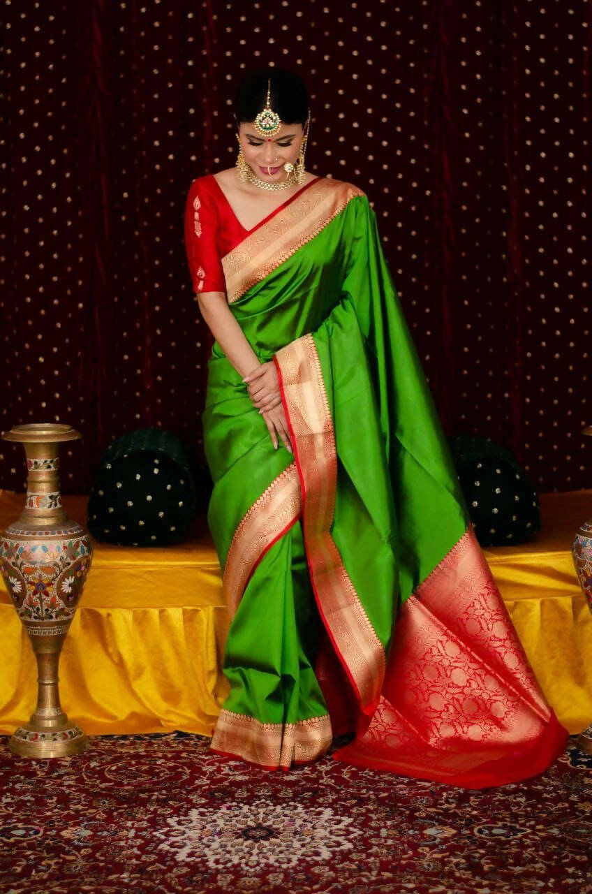DEIANA'S Beautiful Designer Golden zari Soft Lichi Silk Saree - Green | Grocsy