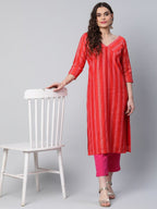 Ahalyaa Women Red Striped Kurta with Trousers | Grocsy