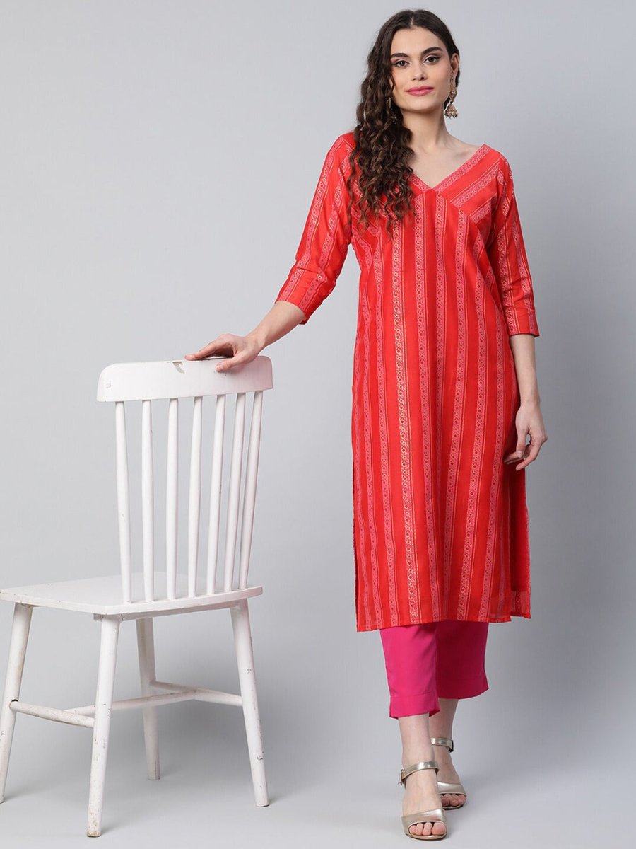 Ahalyaa Women Red Striped Kurta with Trousers | Grocsy