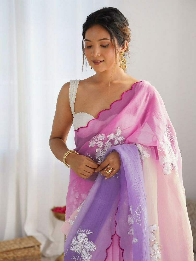 PR Fashion Pink_Lavender Gold Crush Embroidery Work Saree | Grocsy