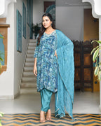 Vaasva Women's Teal Crepe Embroidered Suit Set | Grocsy
