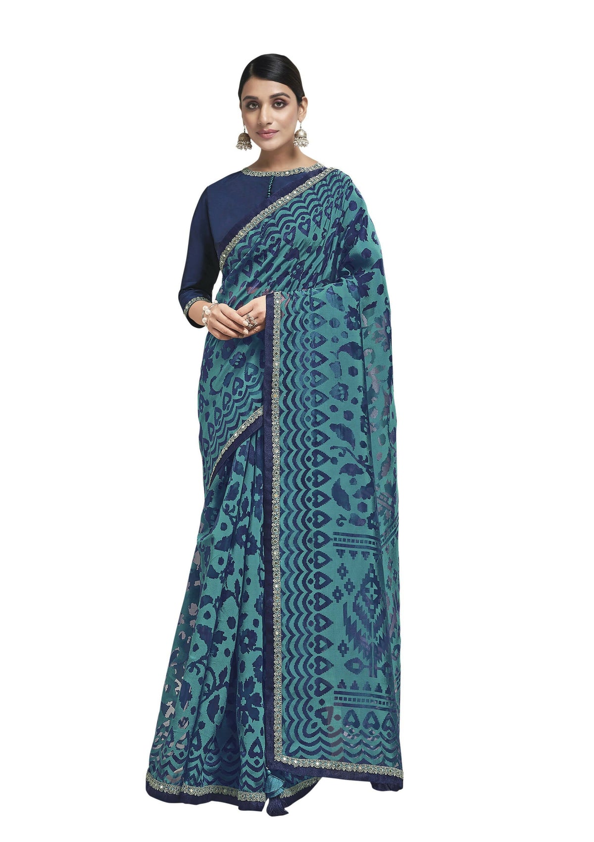 Blue Organza Weave Floral & Geomertic Saree With Blouse Piece - Norita Avyaan | Grocsy
