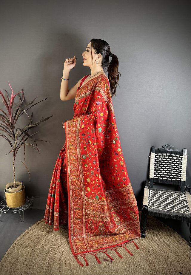 Elora Red Pashmina Silk Meenakari Weaving Madhubani Design Kashmiri Saree | Grocsy