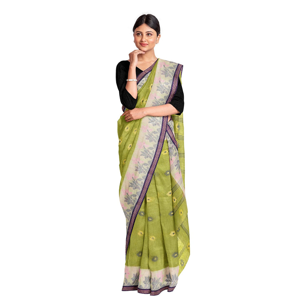 Exclusive Collection 100% Pure Cotton Light Green Tant Saree With Hand Weaving Work | Grocsy