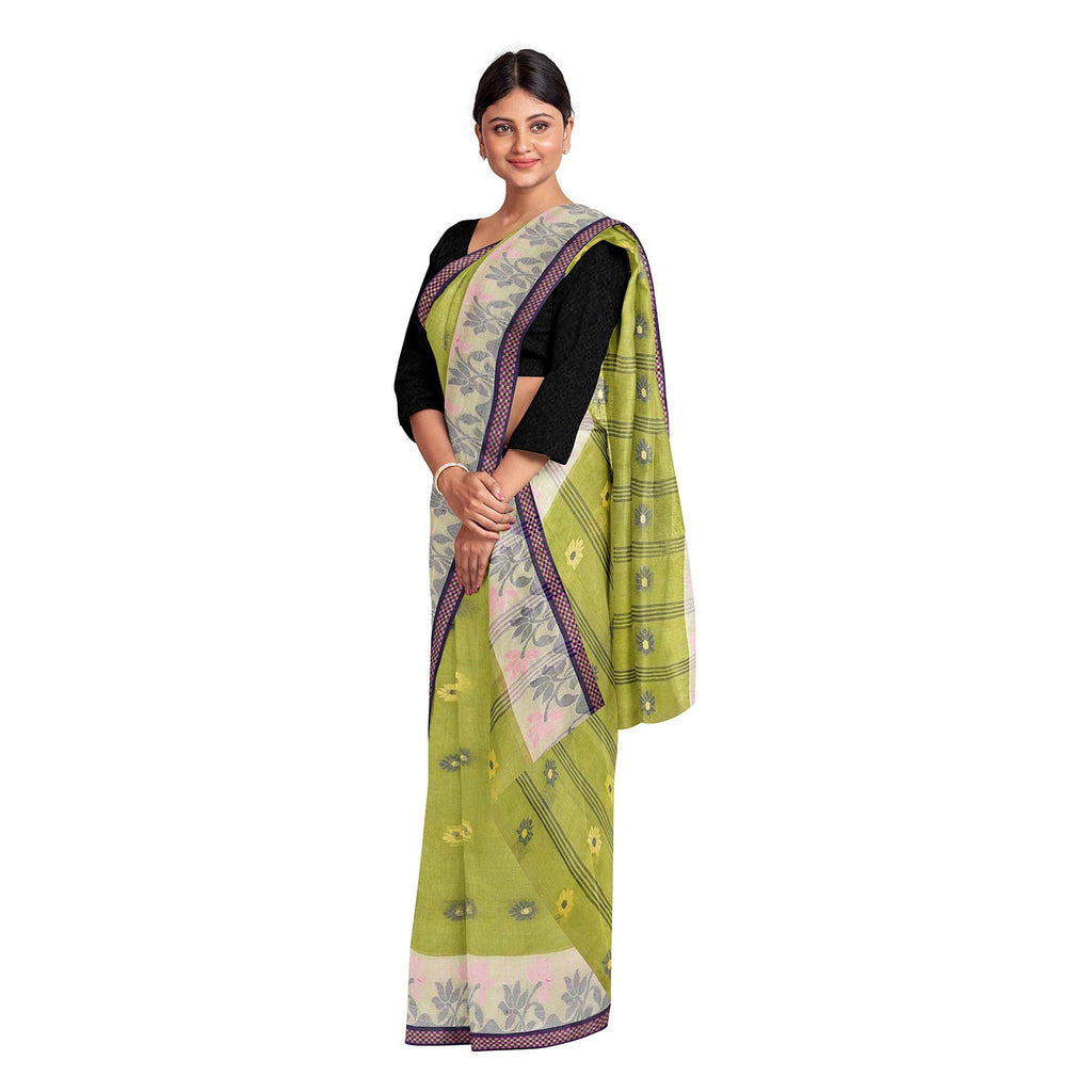 Exclusive Collection 100% Pure Cotton Light Green Tant Saree With Hand Weaving Work | Grocsy